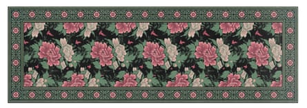 A Beija Flor vinyl rug with a pink and green floral pattern on a black background