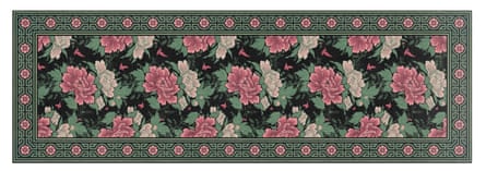A Beija Flor vinyl rug with a pink and green floral pattern on a black background