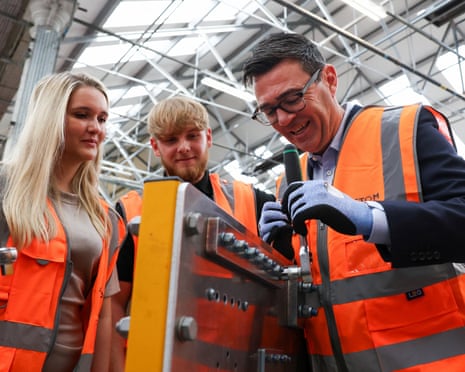Andy Burnham on a visit to Alstom Transport in Derby on Tuesday, as the government launches new technical educational routes for young people.