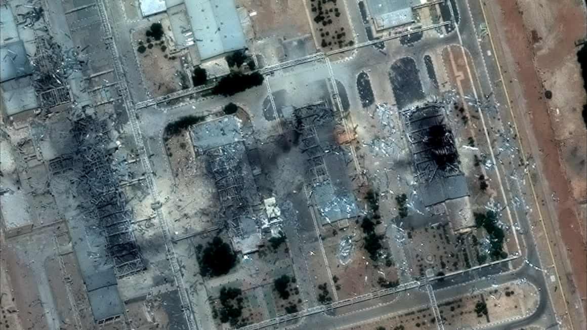 Aerial shot of damaged buildings