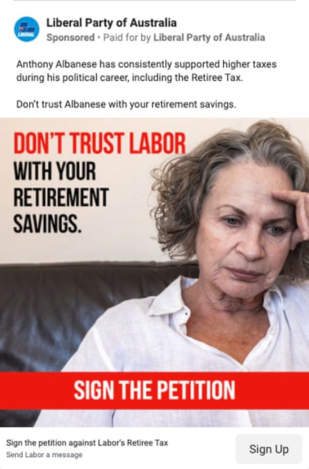 Liberal Party of Australia Facebook ad on Labor retiree tax