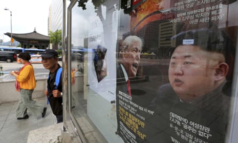 A South Korean news magazine shows Donald Trump and Kim Jong-un. The US has diluted a sanctions package planned against Pyongyang.