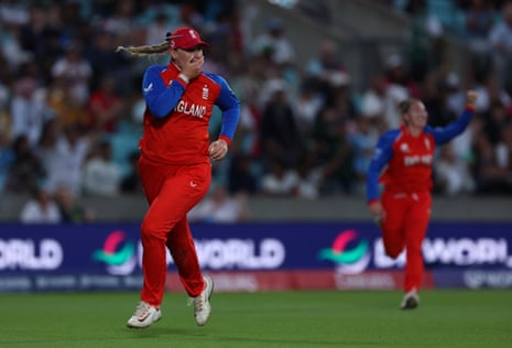 England's Sophie Ecclestone celebrates taking the catch of South Africa's Sune Luus.