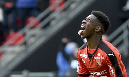 Dembélé celebrates scoring one of his three goals against Nantes in the Breton derby on 6 March.