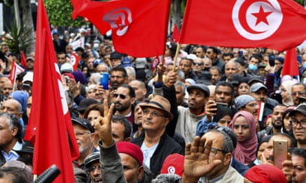 Tunisian demonstrators take part in a rally in Tunis last week against the president, Kais Saied.