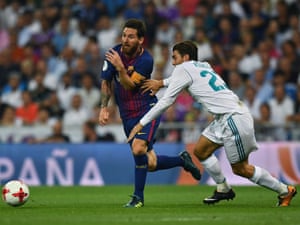 Lionel Messi attempts to go past Real Madrid’s Mateo Kovacic.