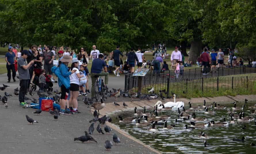 People watch ducks and swans in Regents Park, 13 June 2020 in London, UK.