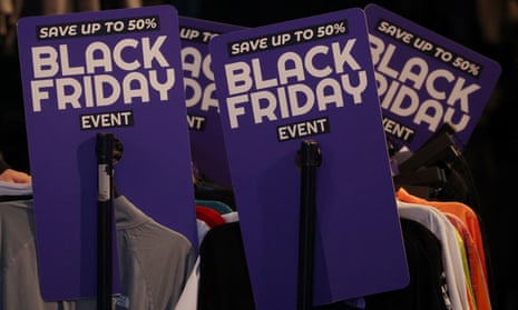 A clothes rail with items reduced as part of a Black Friday event at Footasylum in Liverpool on 20 November 2023.
