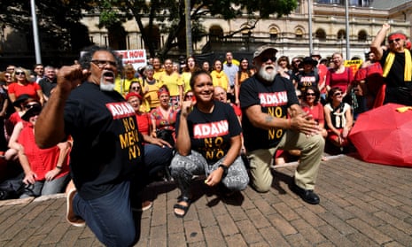 Wangan and Jagalingou traditional owners and supporters protest in 2018. They oppose extinguishing native title for Adani’s Carmichael coalmine