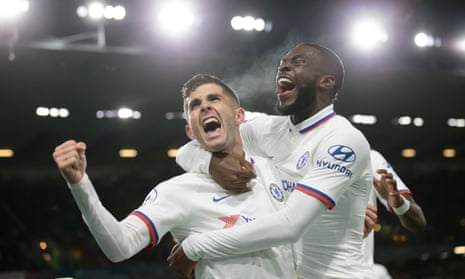 Cristian Pulisic of Chelsea left celebrates after scoring his third goal.