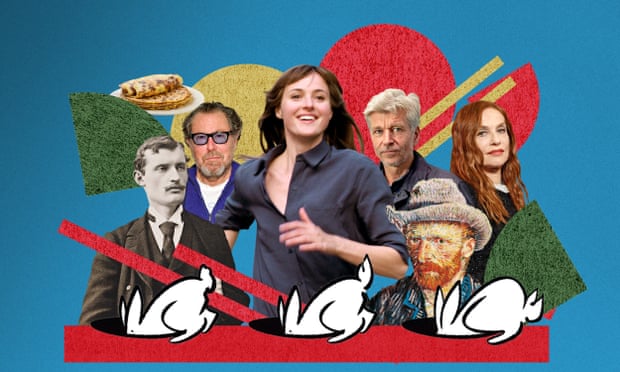 Composite of images of Edvard Munch, Julian Schnabel, Renate Reinsve, Karl Ove Knausgard, Vincent van Gogh, Isabelle Huppert and black and white cartoon rabbits going down hols in a red line