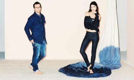 Deep blue: David Hieatt with a model wearing Stelsby skinny cut jeans.