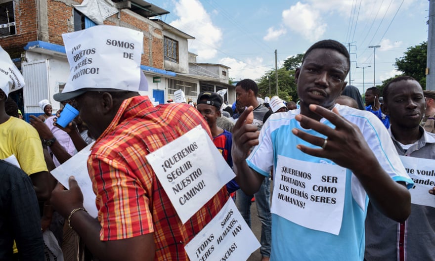 African migrants protest during a march demanding humanitarian visas that would enable them to cross Mexico on their way to the US, in Tapachula, Chiapas state, Mexico, on the border with Guatemala, on 30 August 2019.