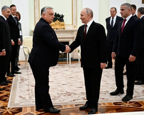 Russian president Vladimir Putin and Hungarian prime minister Viktor Orbán shake hands during a meeting at the Kremlin in Moscow, Russia in November last year.