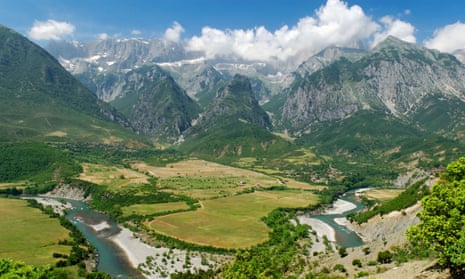 Vjosa or Aoos River, valley with Nemerck mountains, Albania