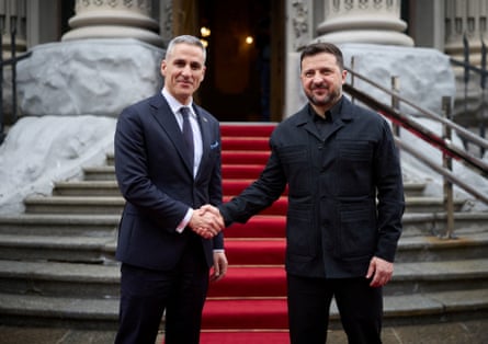 Ukraine’s president Volodymyr Zelenskyy (left) welcomes Bulgarian prime minister Andrey Gyurov in Kyiv on Monday.