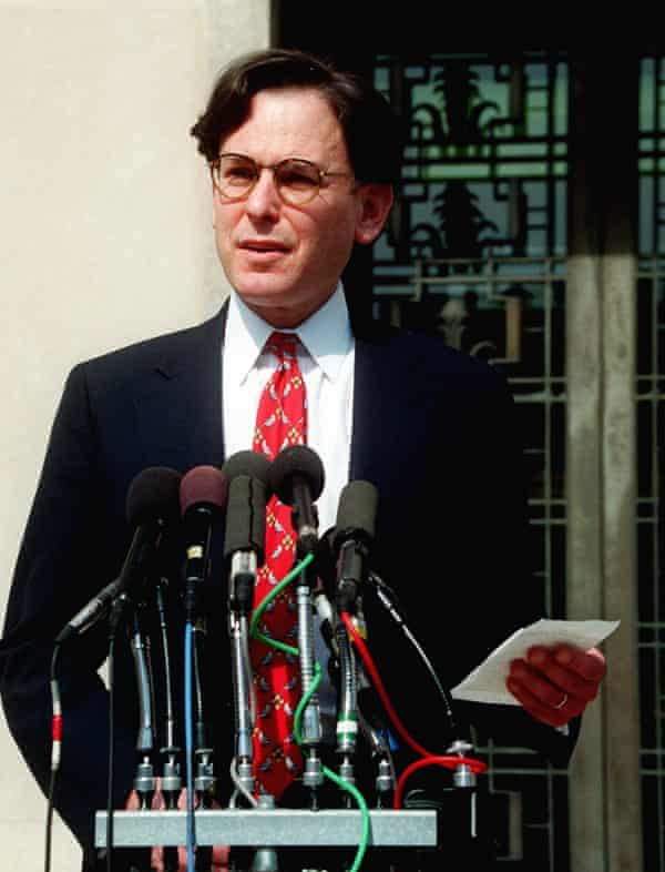 Blumenthal speaks outside court in February 1998, after testifying before a grand jury.