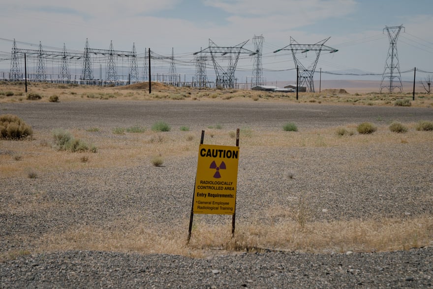A sign warns against entering a “radiologically controlled area” at the Hanford site, a decommissioned nuclear production complex.