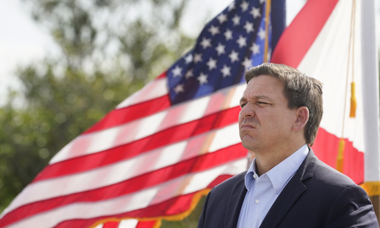Ron DeSantis on Tuesday at a news conference. ‘You try to fearmonger, you try to do this stuff,’ DeSantis snapped at a reporter who asked him about the state’s record number of hospitalizations.