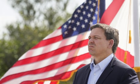 Ron DeSantis on Tuesday at a news conference. ‘You try to fearmonger, you try to do this stuff,’ DeSantis snapped at a reporter who asked him about the state’s record number of hospitalizations.