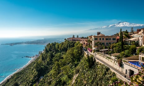 A view of Taormina and the Ionian Sea in Sicily, Italy