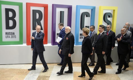 Russia’s Vladimir Putin (L), India’s Narendra Modi (3rd L), Brazil’s Dilma Rousseff (4th L), China’s Xi Jinping (6th L) and South Africa’s Jacob Zuma (R) at a Brics summit last year.