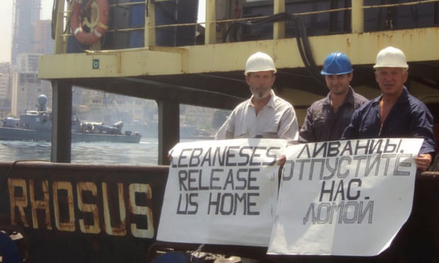 Captain Boris Prokoshev and crew members demand their release from the arrested ship MV Rhosus in the port of Beirut, Lebanon, summer 2014