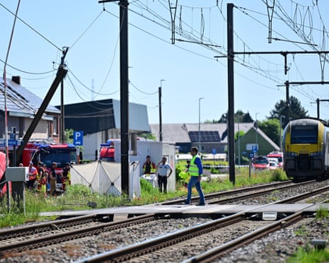 The scene of an accident between a train and a minivan, at the railway crossing Vierhuizen, in Buggenhout, Belgium.