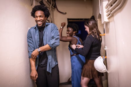 Heather Agyepong and Toisin Cole prepare backstage at the Duke of York’s theatre, just before appearing as Des and Dre in Shifters.