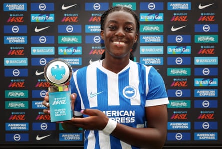 Michelle Agyemang poses for a photo with her WSL Player Of The Match trophy after the Women's Super League match between Brighton and Everton
