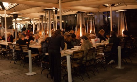 People eating outdoors at a restaurant in winter (photo taken pre-Covid-19).