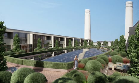 Two landmark chimneys rise above the rooftop gardens at the Battersea Power Station project in this artist's impression