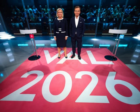 Incumbent prime minister Ulf Kristersson and opposition leader Magdalena Andersson pose before a TV debate ahead of Sunday’s general election in Rinkeby in Stockholm, Sweden.