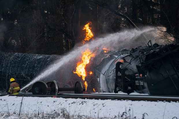 A BNSF Railway train carrying crude oil burns after it was derailed in Custer, Washington, on 22 December 2020.