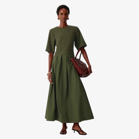 John Lewis dropped waist short sleeve midi dress, khaki