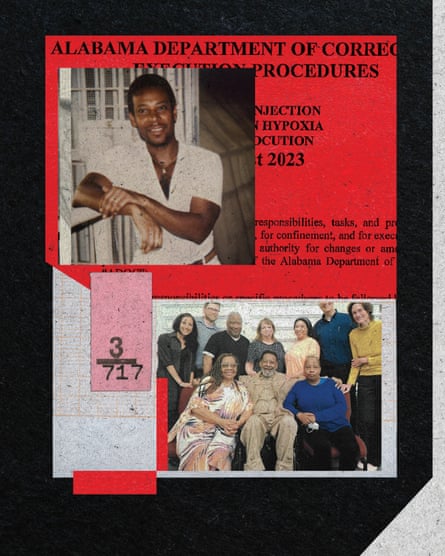 collage of man leaning against railing, department of corrections paperwork and a family smiling together