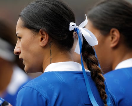 The Samoa wing Drenna Falaniko wearing patriotic ribbons in her hair during the Women’s Rugby World Cup 2025 Group A match between Australia and Samoa.
