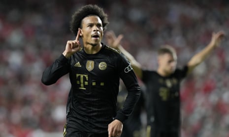Leroy Sané celebrates opening the scoring during Bayern Munich’s win in Benfica