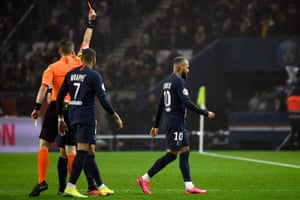 Neymar was sent off in the last minute against Bordeaux.