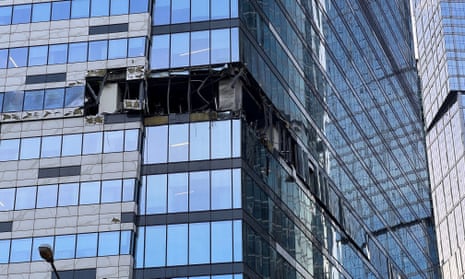 The damaged facade of an office building in Moscow hit by a drone attack that Russia blames on Ukraine.