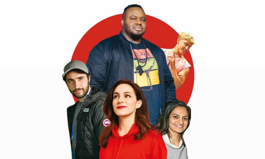 Clockwise from top: Nabil Abdulrashid, Jon Pointing, Nida Manzoor, Janine Harouni, Jordan Firstman.