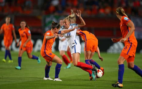 Toni Duggan is crowded out by the Dutch defence.
