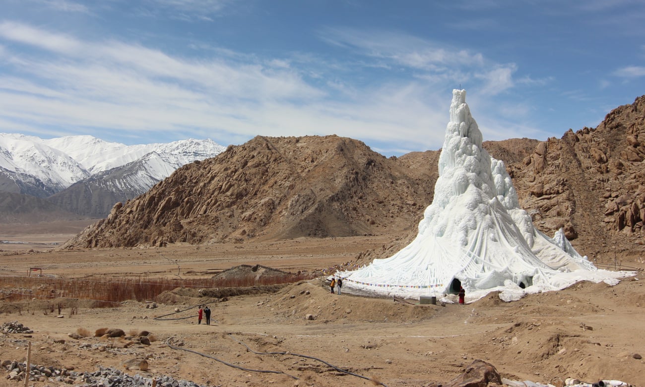 An ice stupa created by the innovative engineer Sonam Wangchuk in Ladakh, India. 