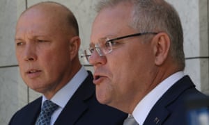 Peter Dutton and Scott Morrison at a press conference in the PM’s courtyard of Parliament House
