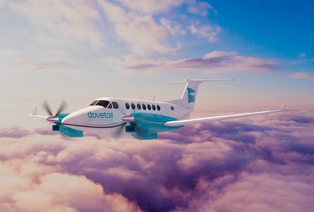An artist’s interpretation of a twin-engine fixed wing plane soaring in a blue sky above purple clouds