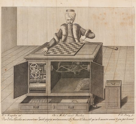 Illustration of a turban-wearing Turk, supposedly an automaton, sitting at a chess board. The board is on a cabinet that is open at the front to show mechanical workings inside