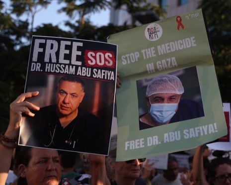 A rally in Tel Aviv calling for the release of detained Palestinian doctor Hussam Abu Safiya, 6 July 2026