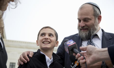 Menachem Zivotofsky and his father, Ari Zivotofsky, speak to media outside the Supreme Court in Washington on 3 November 2014.