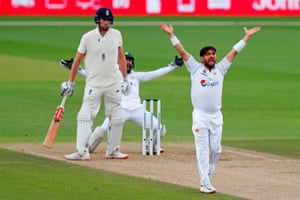 Yasir successfully appeals for the wicket of Sibley.