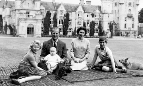 Queen Elizabeth II on the lawns at Balmoral in 1960 with the Duke of Edinburgh and Princess Anne, Prince Charles and baby Prince Andrew.
